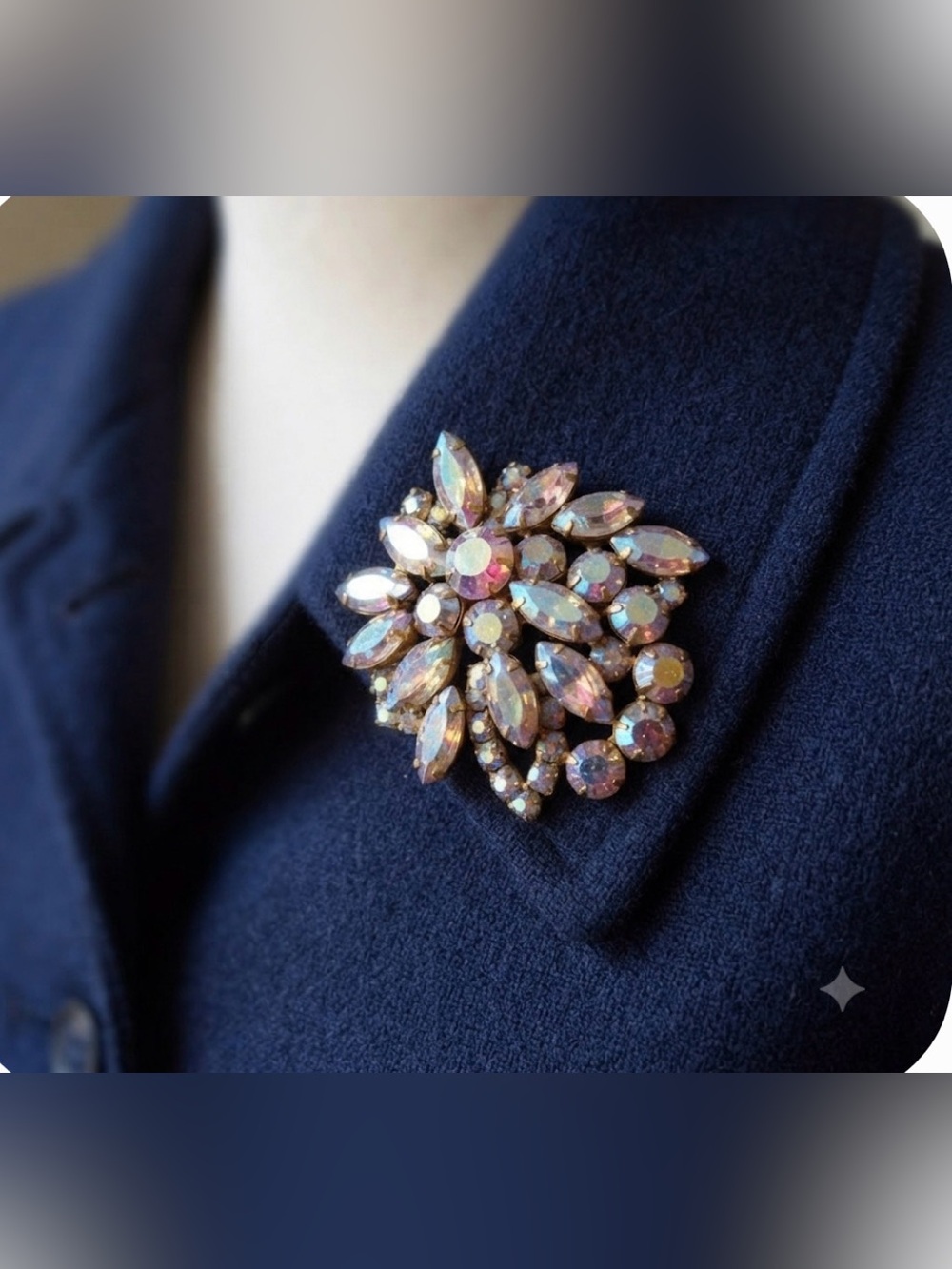Vintage Gold tone metal Aurora Borealis crystal rhinestones  pin brooch